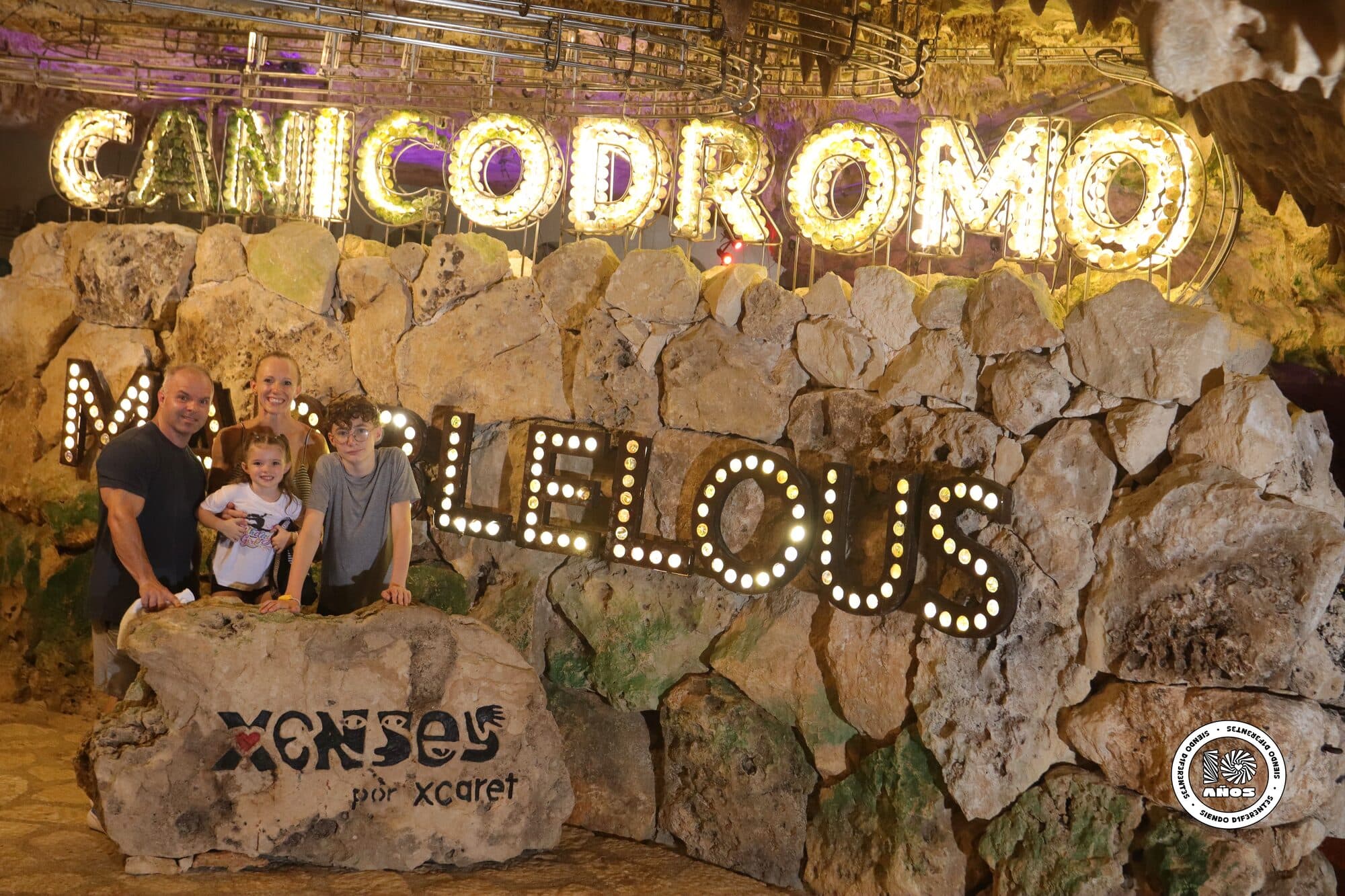 The illuminated Canicodromo sign built into the rock at Xenses park